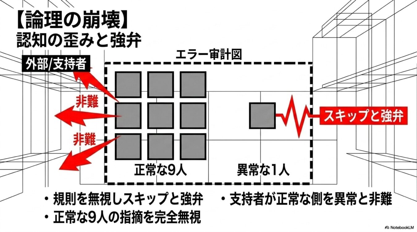 論理の崩壊を解説する図。異常な1人が規則を無視する一方で、その支持者が正常な9人側を非難する歪んだ構図。
