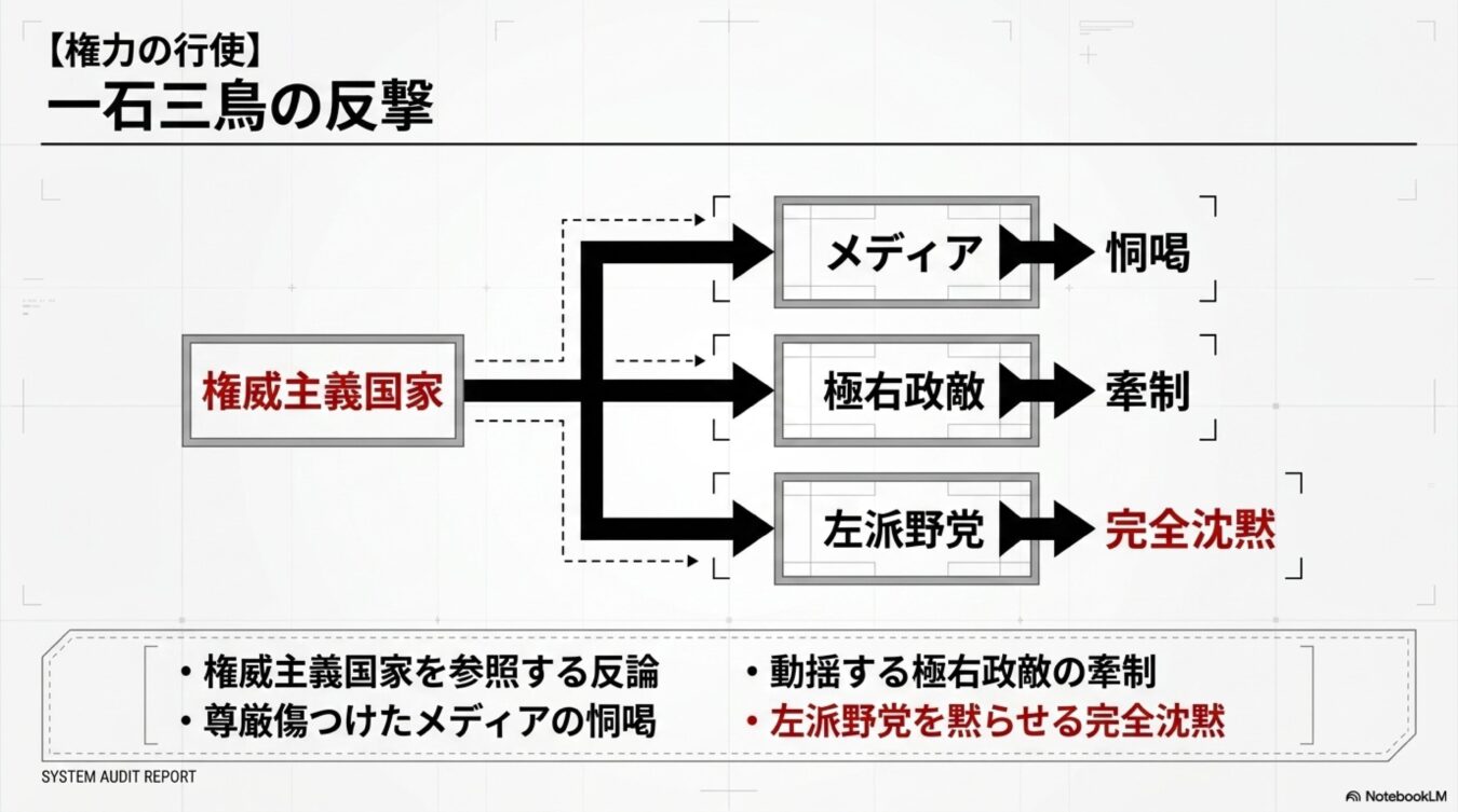権威主義国家による一石三鳥の反撃として、メディアへの恫喝、極右政敵の牽制、左派野党の完全沈黙を表した図。