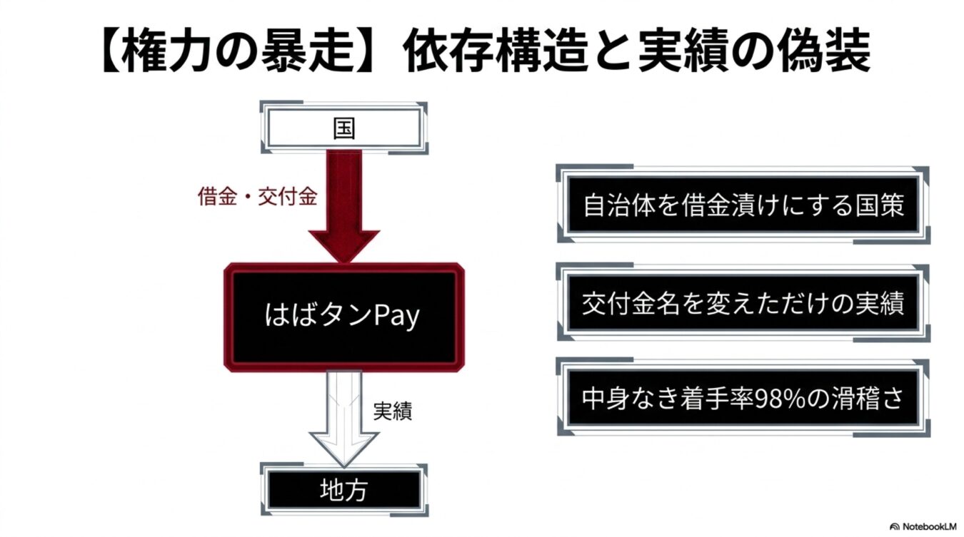 国から地方への借金・交付金による依存構造と、はばタンPay事業における実績の偽装や政策の不透明さを指摘する図解。