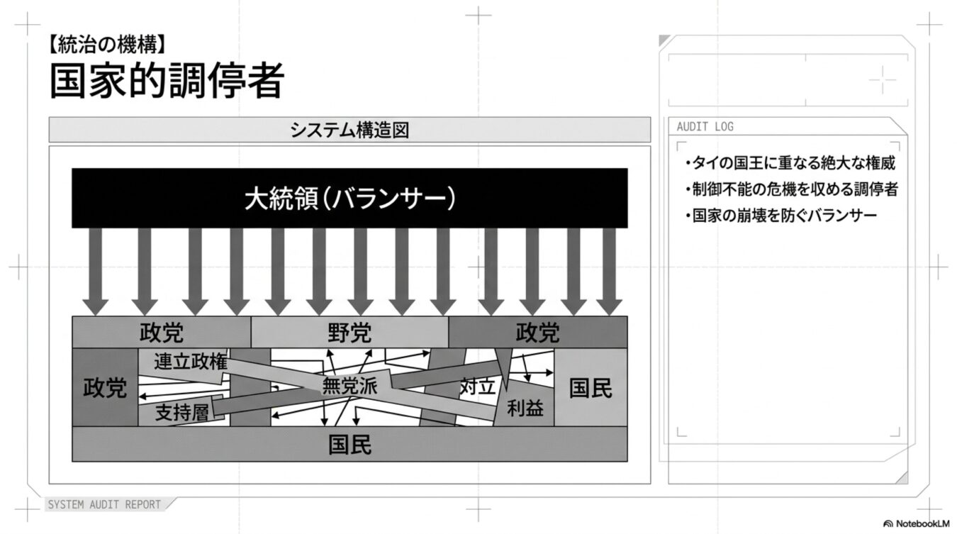 国家的調停者として、複雑に対立する諸勢力や国民を統治・調停する大統領の役割を描いたシステム構造図。