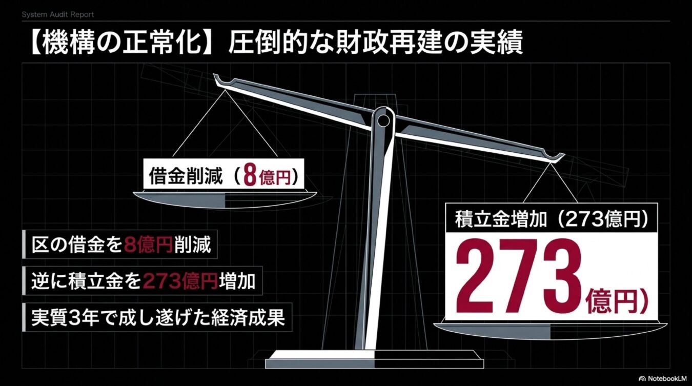 機構の正常化に向けた財政再建の実績として、区の借金を8億円削減し、積立金を273億円増加させた3年間の経済成果を示す天秤の図。