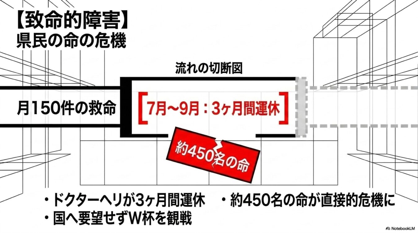 ドクターヘリの3カ月間運休により約450名の命が危機に瀕すると訴える図解と、国への要望に関する批判的な箇条書き。