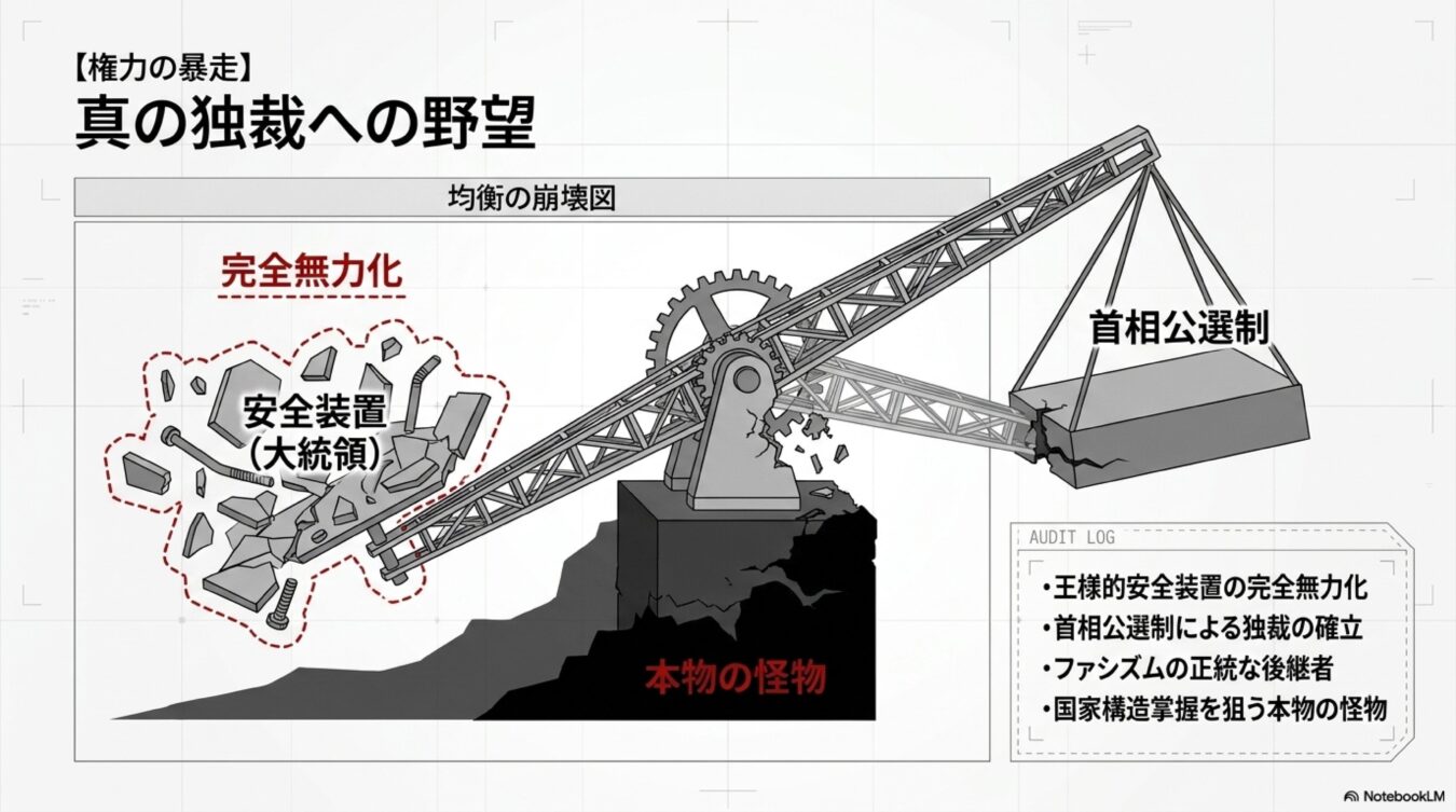 首相公選制の導入と安全装置の完全無力化により、独裁体制が確立され権力の均衡が崩壊していく過程。
