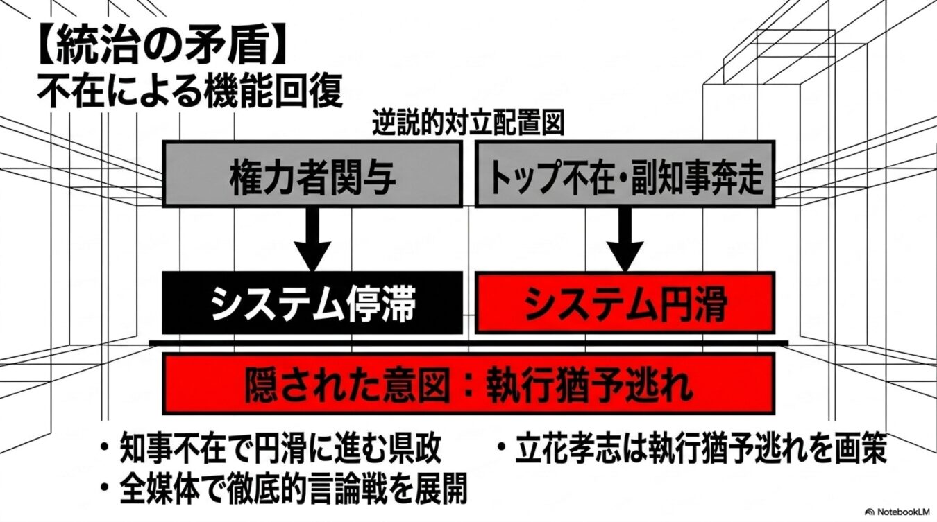 トップ不在で県政が円滑化する統治の矛盾と、その背景にある執行猶予逃れの意図を示す対立配置図。