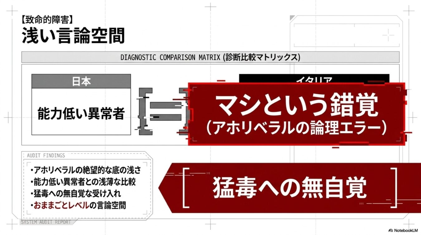 浅い言論空間をテーマに、日本とイタリアの比較から論理エラーや猛毒への無自覚を指摘する診断比較図。