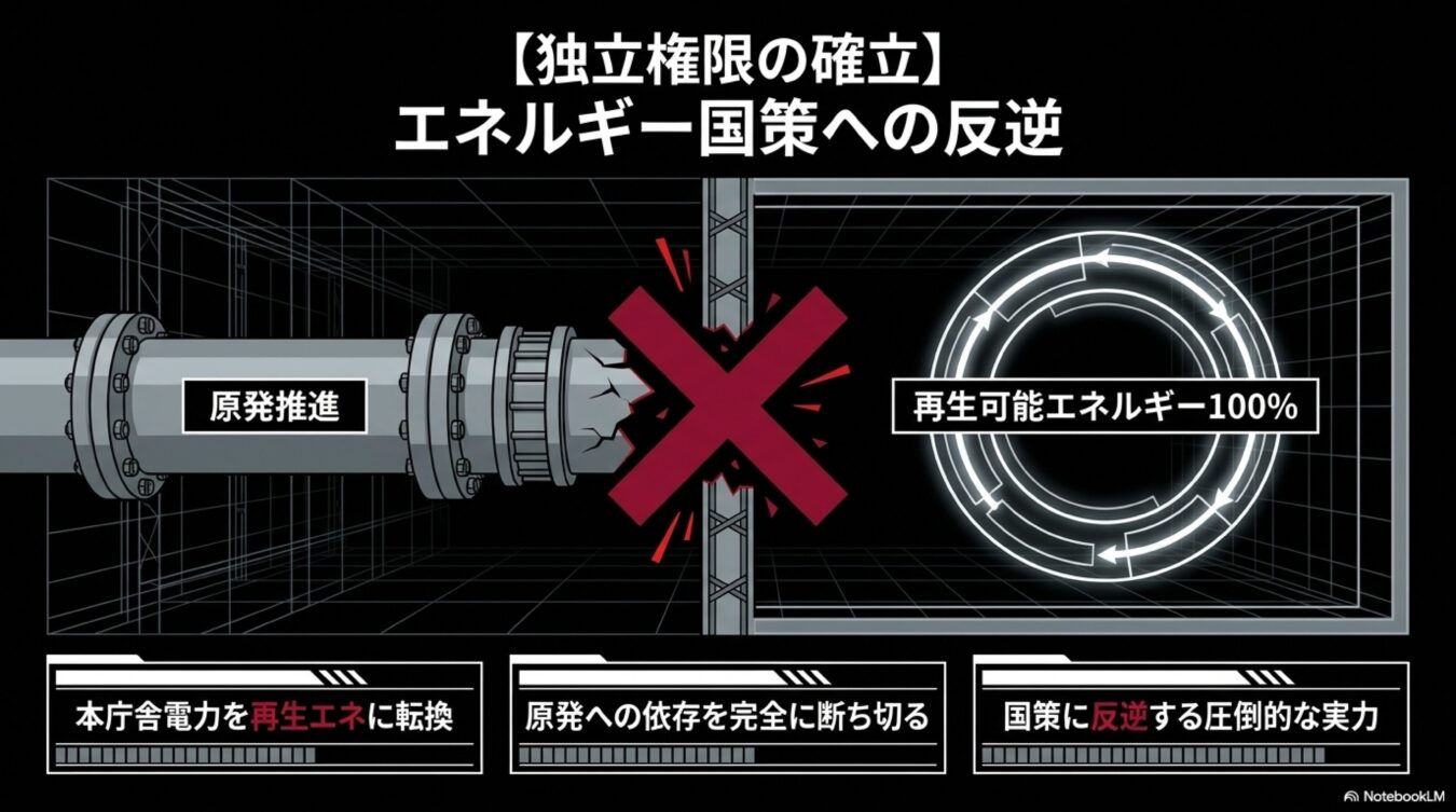 原発推進から再生可能エネルギー100%への転換を掲げ、国策に反逆して独立したエネルギー権限を確立するという概念図。