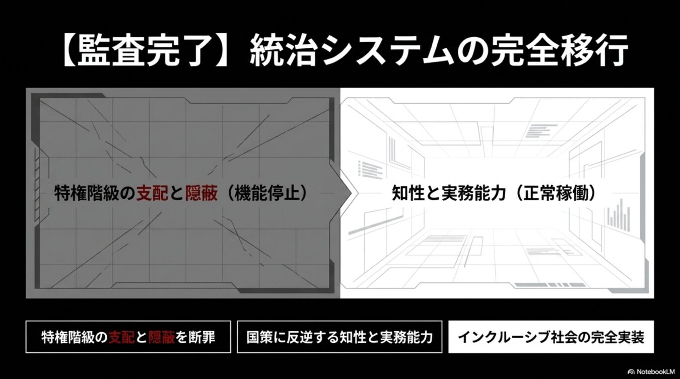 統治システムの完全移行を示し、特権階級の支配停止から知性と実務能力によるインクルーシブ社会への転換を対比させた図。