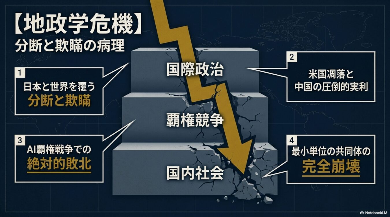地政学危機における国際政治、覇権競争、国内社会の崩壊と分断の病理を4つのポイントで解説する図解。