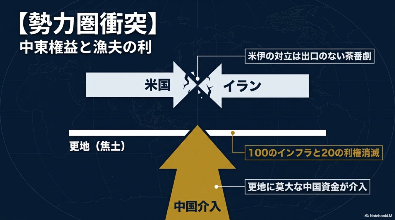 米国とイランの対立による中東の利権消滅と、焦土化した地域へ中国が莫大な資金を投入して介入する構図。