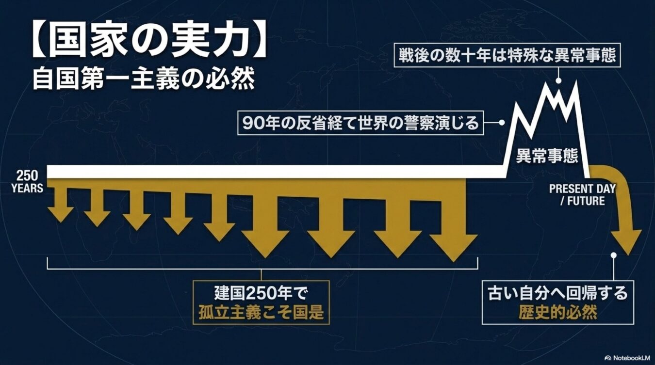 建国以来の孤立主義から戦後の例外的な介入期を経て、再び自国第一主義へと回帰する歴史的必然性を表す図。