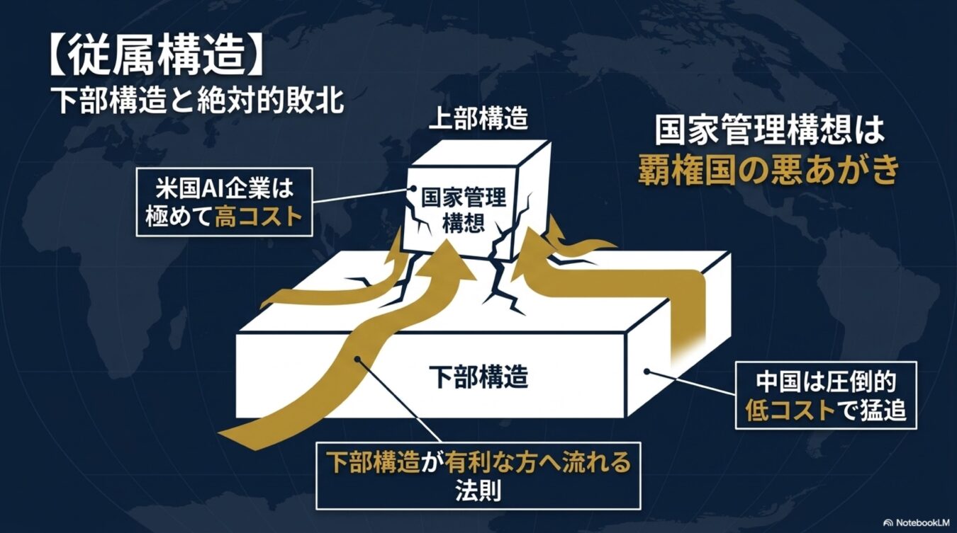 高コストな米国の国家管理構想(上部構造)に対し、低コストな中国(下部構造)が優位に流れる従属構造。