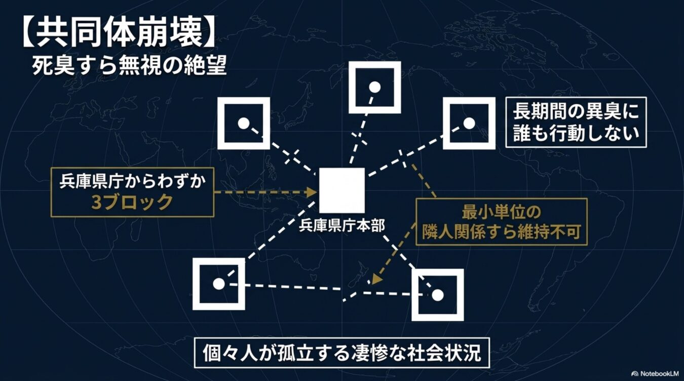 兵庫県庁本部を中心とした、孤立する個人とコミュニティ崩壊(共同体崩壊)の凄惨な社会状況を示す概念図。