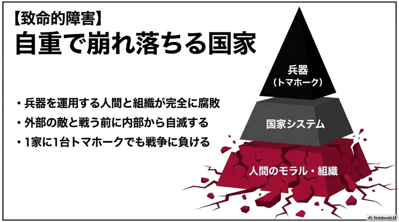 致命的障害として人間のモラルや組織の崩壊を描き、土台が崩れた国家システムと兵器が自重で崩れ落ちる様子を示した図解