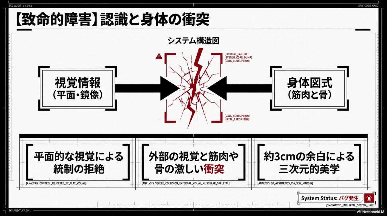 視覚情報と身体図式の衝突による致命的障害を説明するシステム構造図とバグ発生の要因解説。