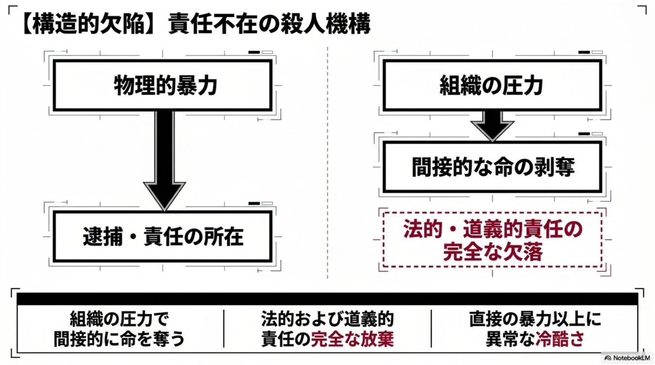 物理的暴力と組織の圧力を対比し、組織的な間接的殺人における法的・道義的責任の完全な欠落を説明する図。