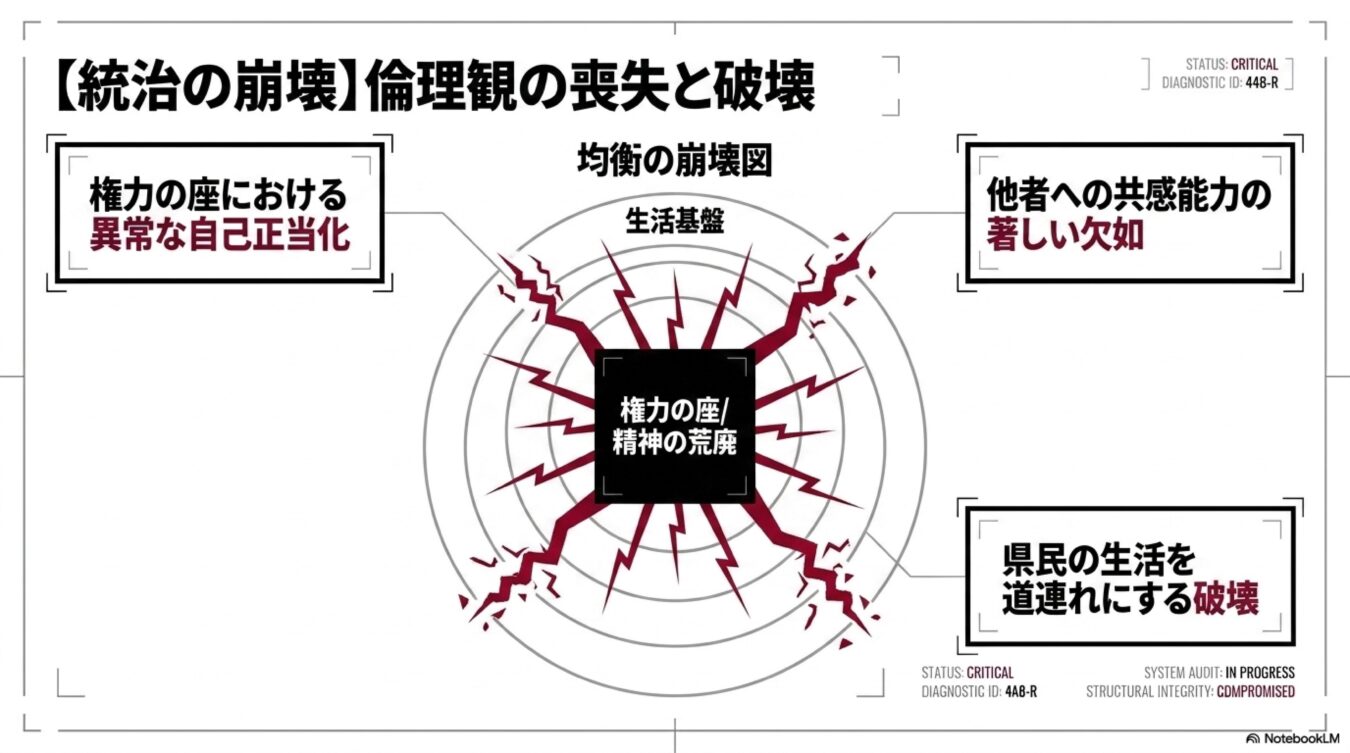 統治の崩壊と倫理観の喪失をテーマに、権力の荒廃が生活基盤や県民生活を破壊する仕組みを描いた均衡の崩壊図。