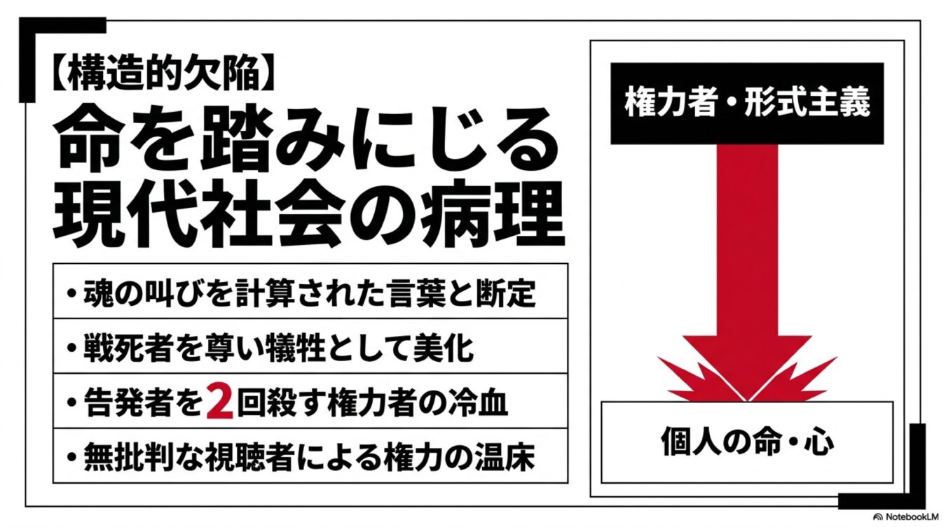 命を踏みにじる現代社会の病理というテーマのもと、権力や形式主義が個人の命や心を抑圧する構造を示す解説。