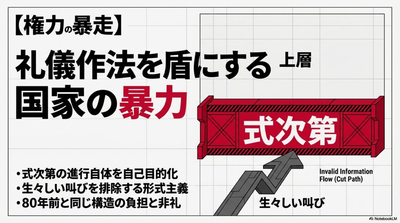 礼儀作法や式次第を盾にして生々しい叫びを排除・遮断する、国家の暴力の構造を説明する解説スライド。