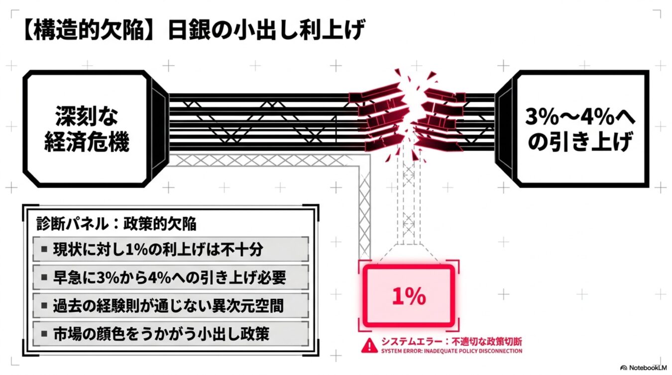 日銀の1%の小出し利上げは政策的欠陥であり、深刻な経済危機の解決には3〜4%への引き上げが必要であることを示す。