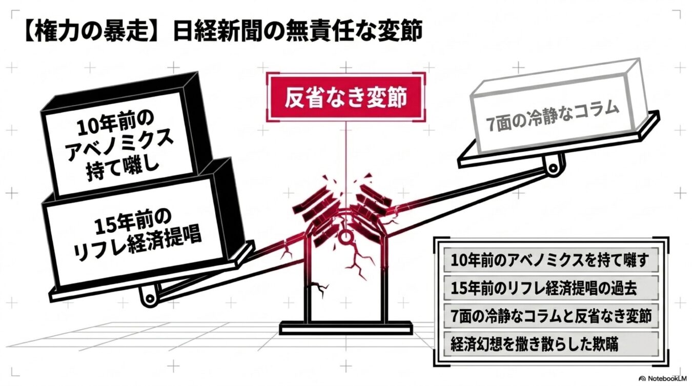 過去のアベノミクス推進と現在の冷静なコラムの矛盾により、日経新聞の無責任な変節を批判する天秤の図解。