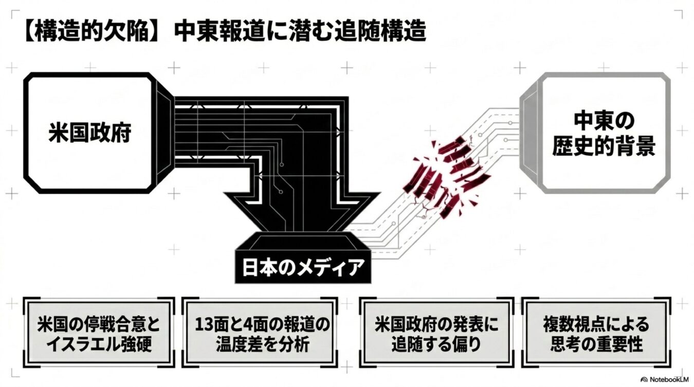日本のメディアが中東の歴史的背景を軽視し、米国政府の発表に追随する報道の構造的欠陥を表した図。
