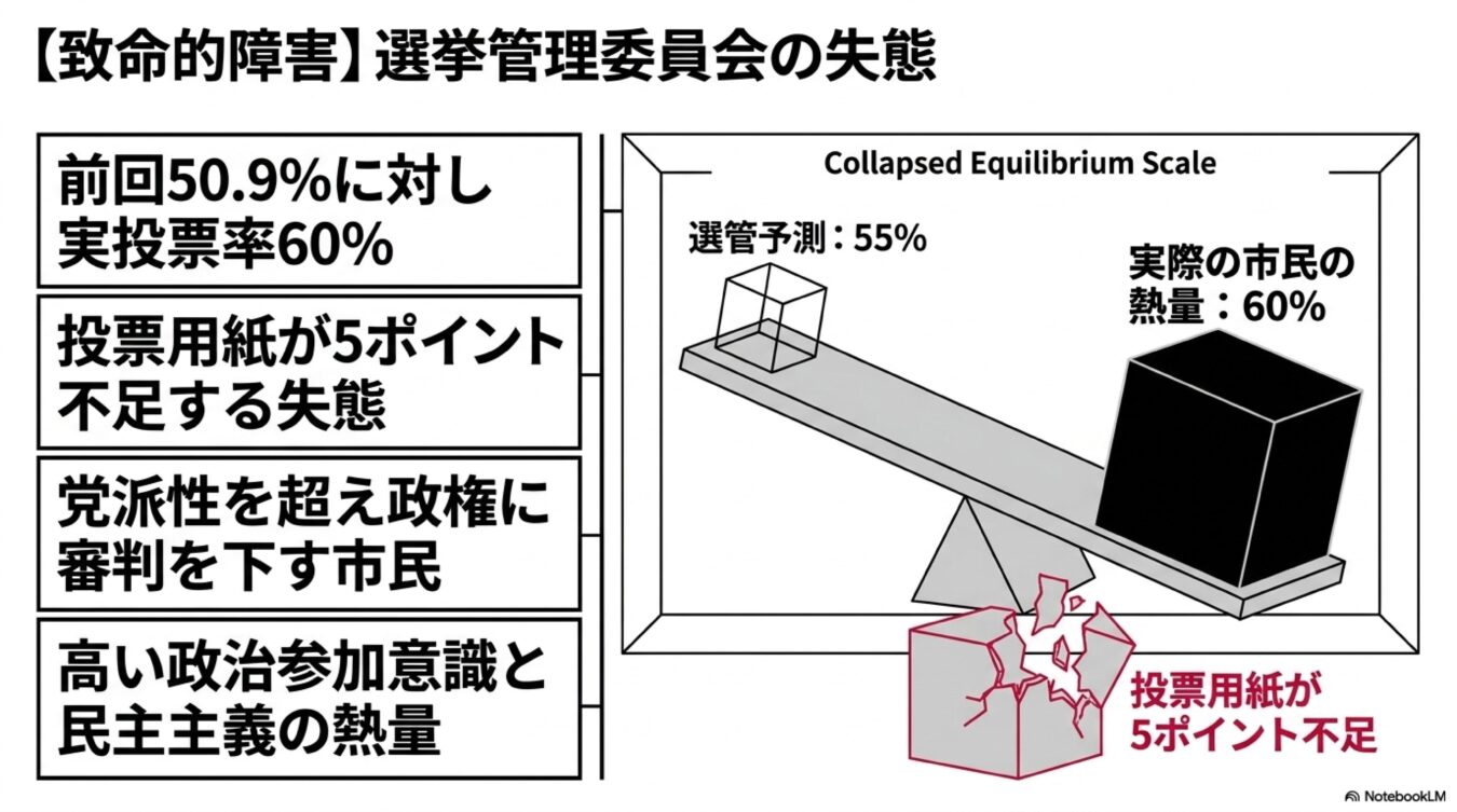 選挙予測55%に対し実投票率が60%となり、投票用紙が5ポイント不足した選管の失態を示す図解。