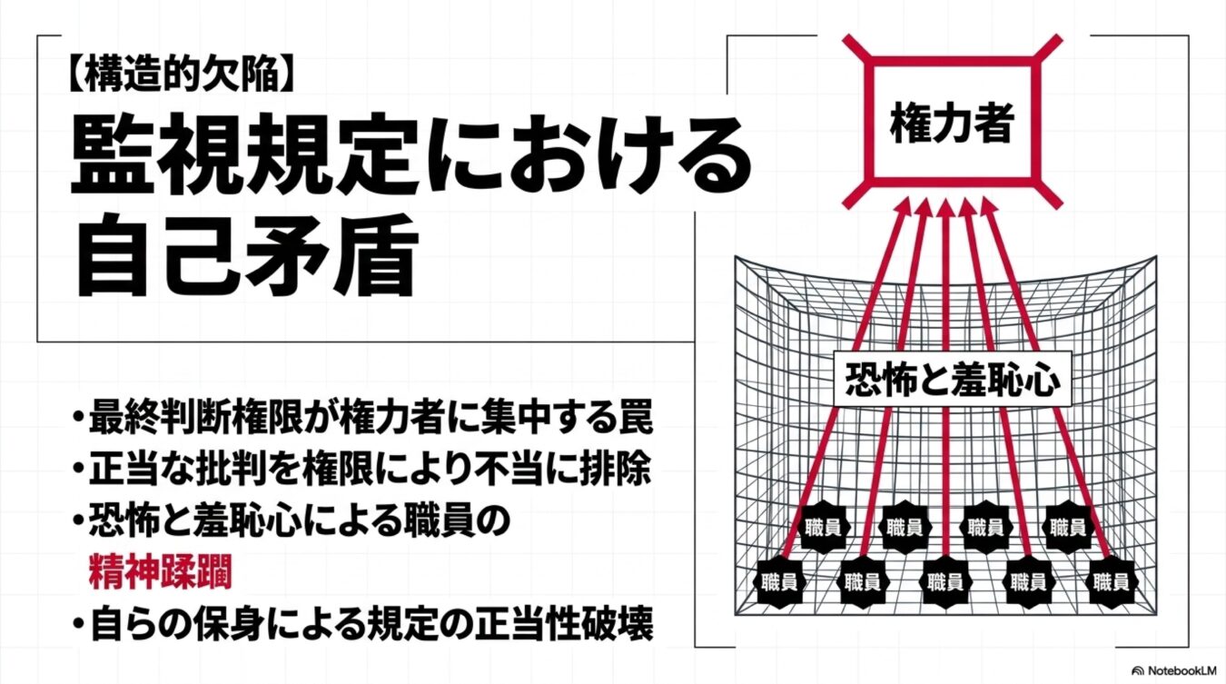 監視規定の自己矛盾をテーマに、権力者への権限集中や恐怖・羞恥心による職員の精神蹂躙などの構造的欠陥を解説する図。