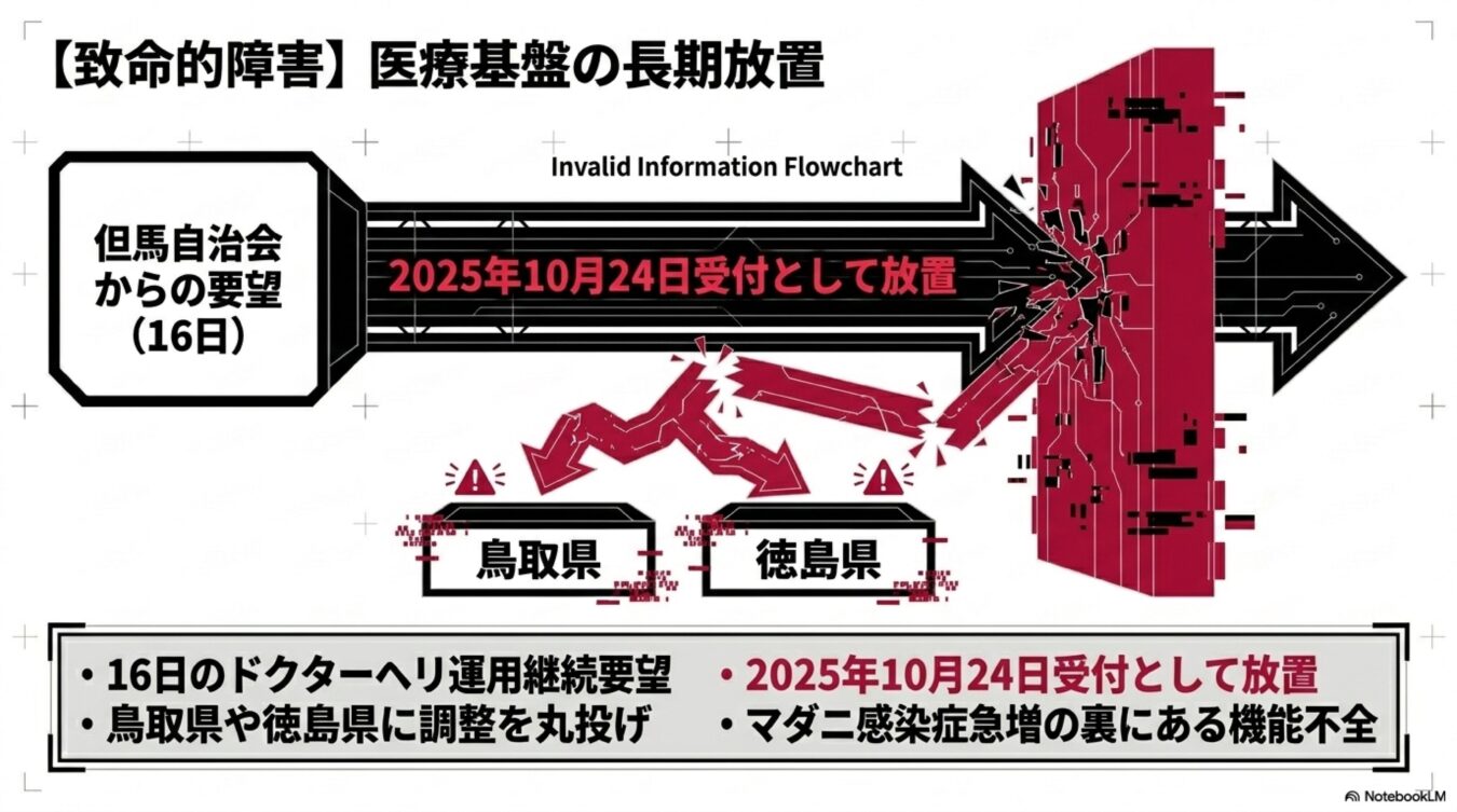 医療基盤の長期放置による機能不全の図。但馬自治会の要望放置や、鳥取県・徳島県への調整丸投げの状況を説明。
