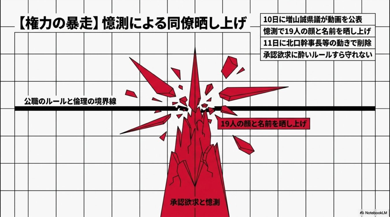 増山誠県議が憶測で同僚19人の顔と名前を晒し、公職のルールと倫理の境界線を突破したことを批判する図解。