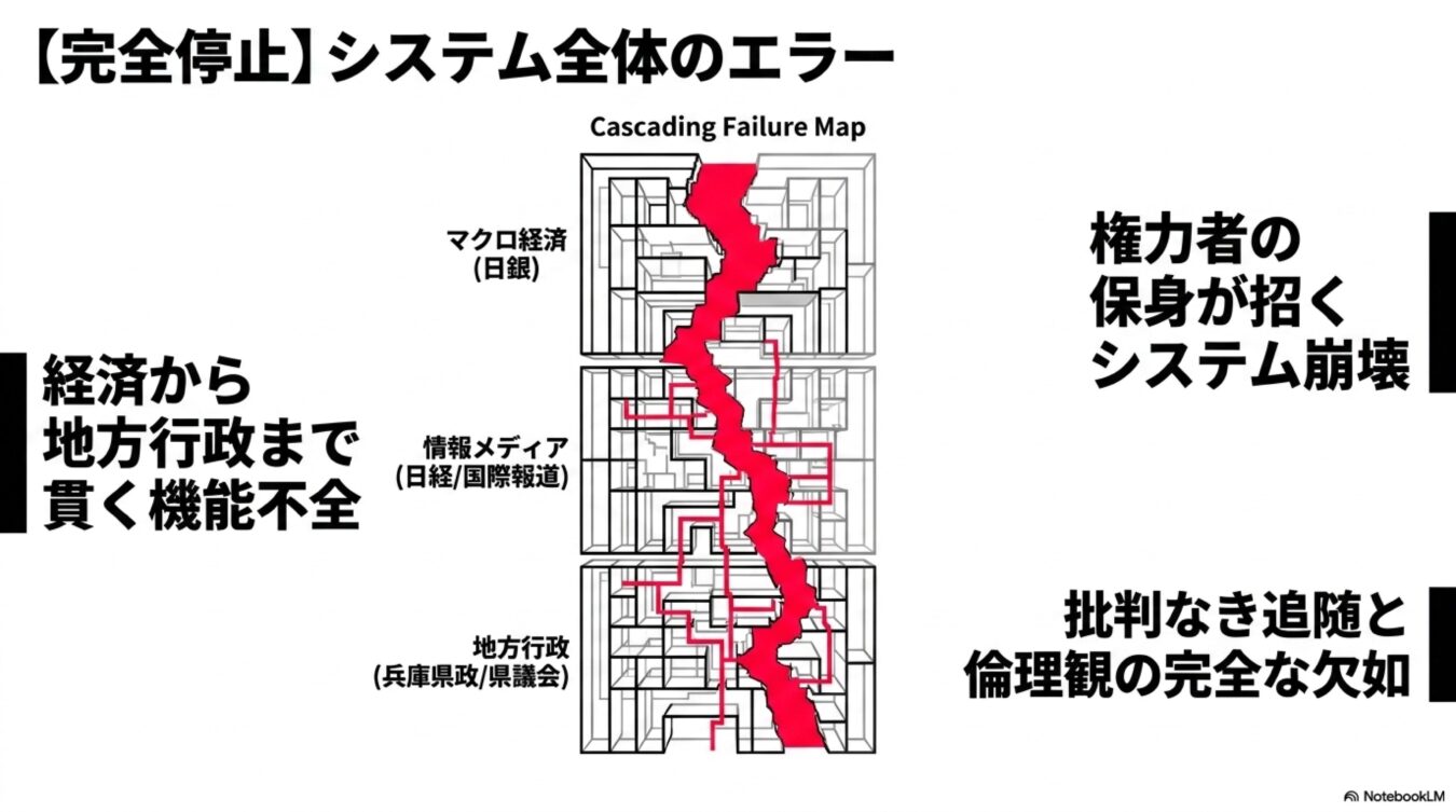 マクロ経済から地方行政に及ぶシステム全体の機能不全と、権力者の保身による連鎖的な崩壊を示す図。