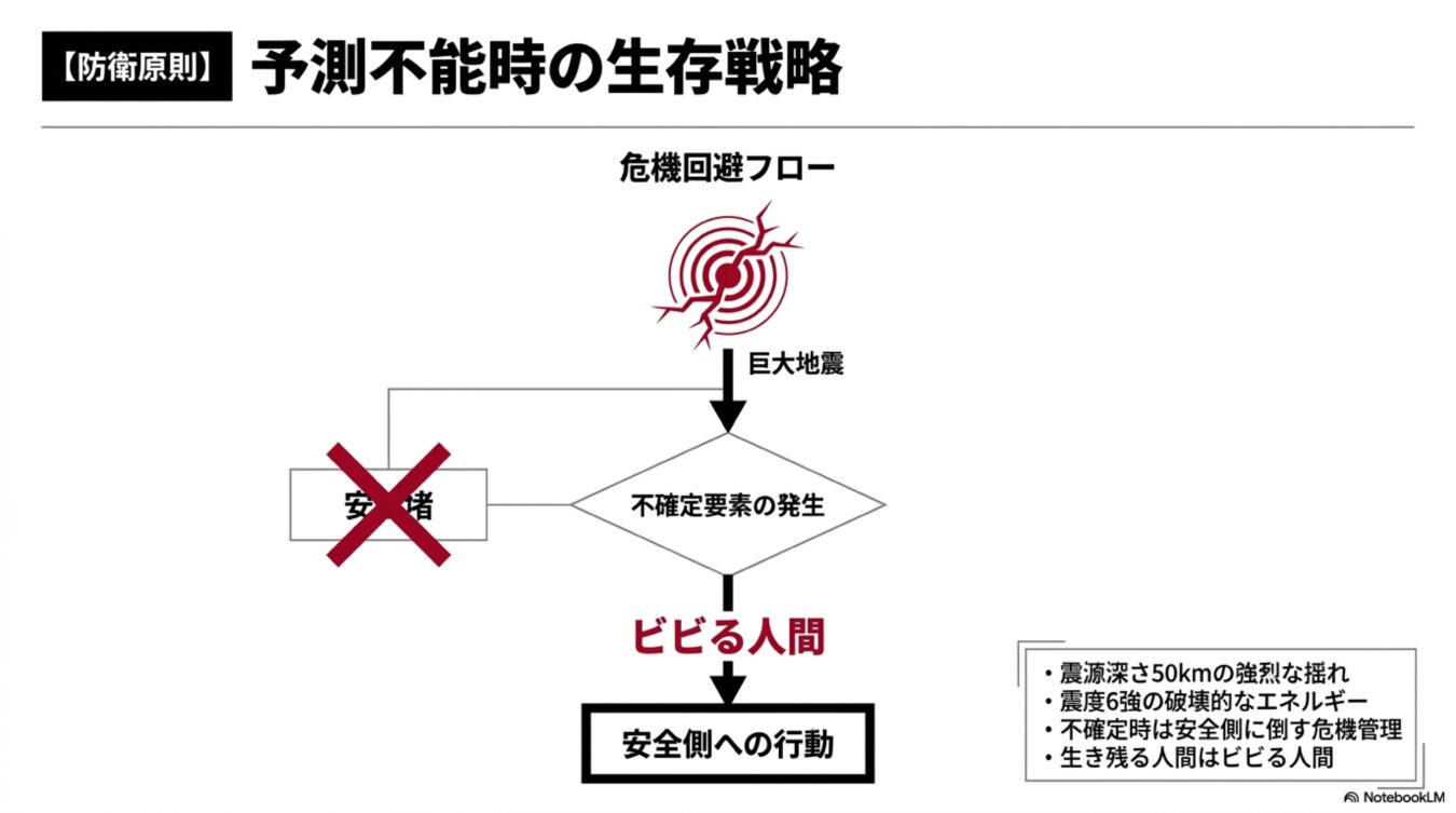 予測不能時の生存戦略の危機回避フロー。巨大地震発生時に安堵せず、不確定要素から安全側への行動を促す図。