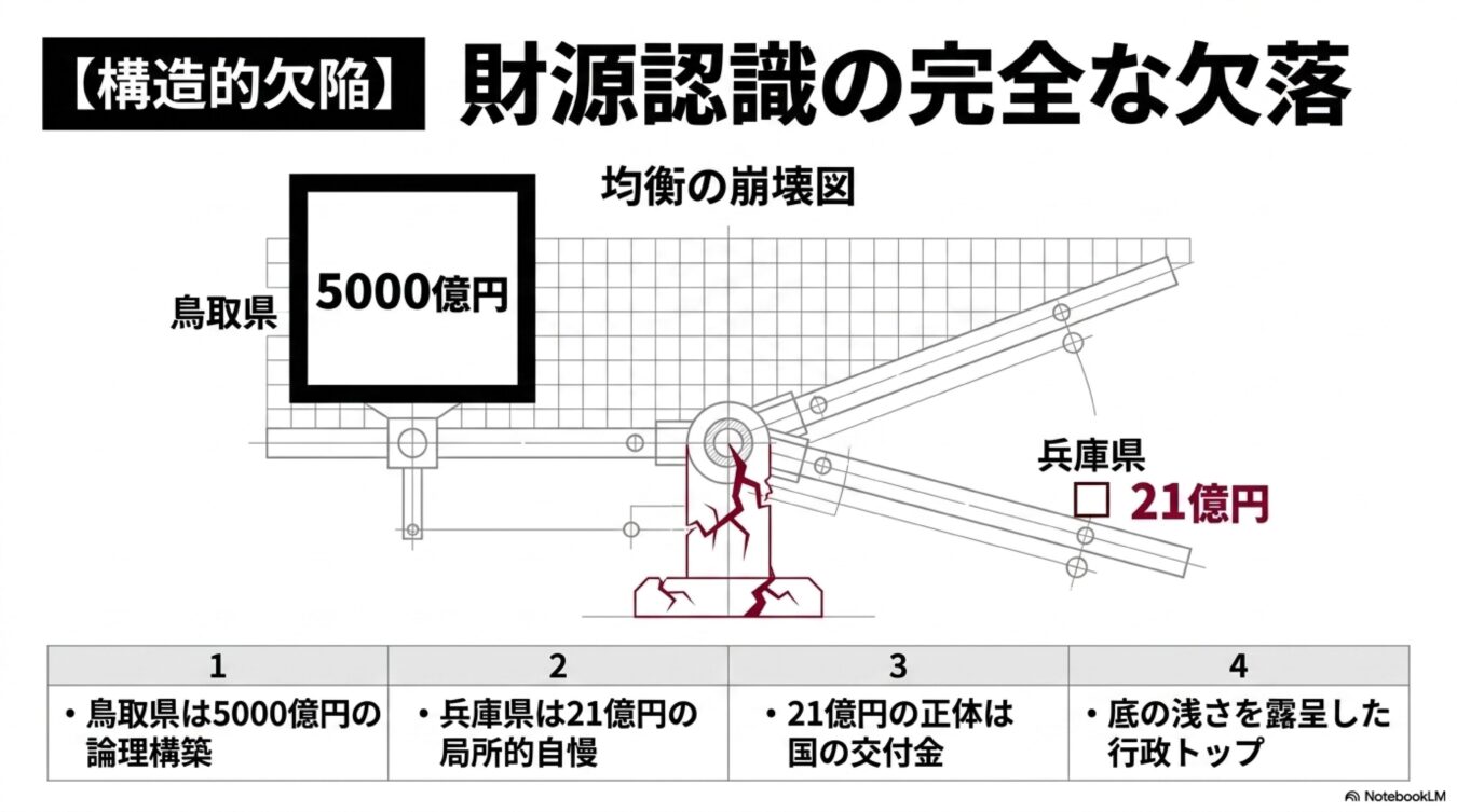 鳥取県の5000億円と兵庫県の21億円の財源格差を壊れた天秤で示し、構造的欠陥と財源認識の欠落を解説する図。
