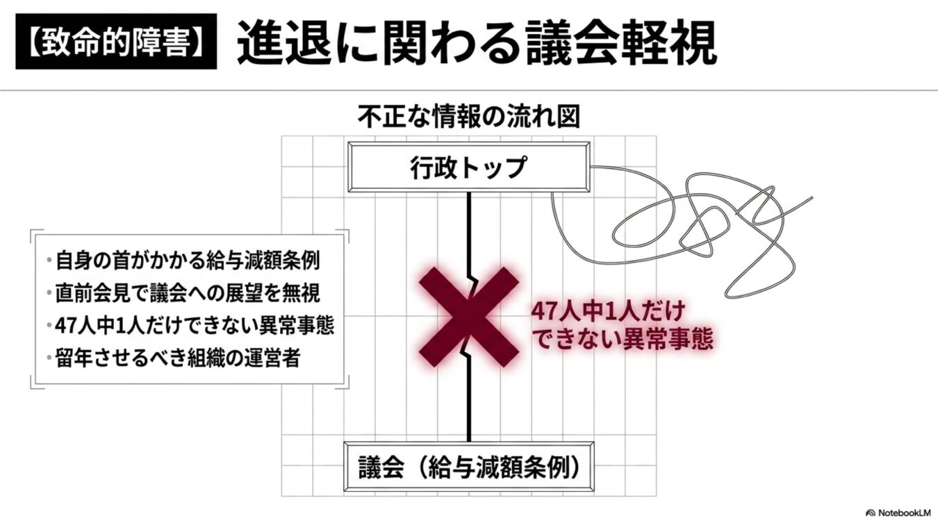 行政トップと議会の分断を示す不正な情報の流れ図と、議会軽視の問題点を指摘する解説スライド。