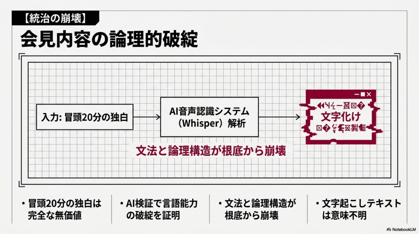 会見の独白をAIで解析した結果、論理構造が崩壊し文字起こしが意味不明になったことを説明するスライド。