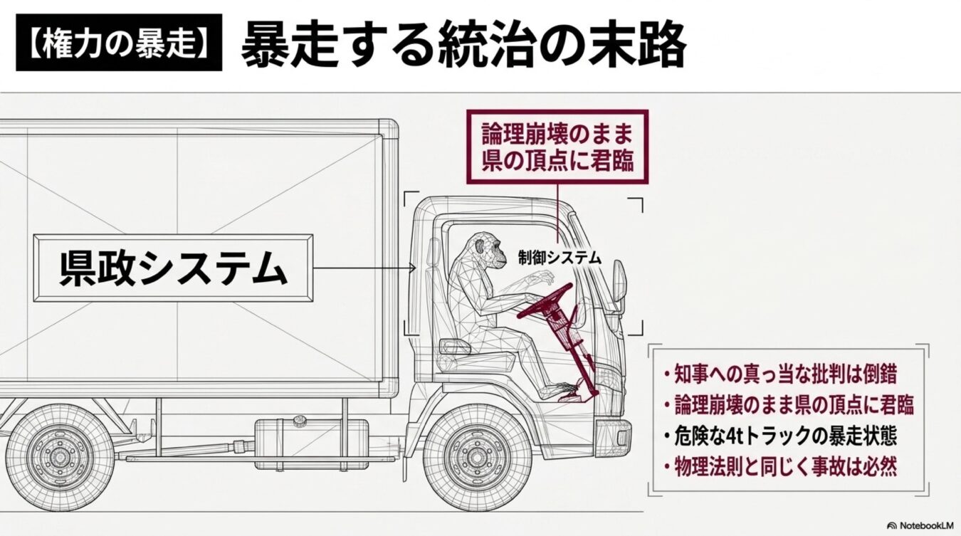 暴走する統治の末路と題し、県政システムのトラックをサルが運転する様子で知事の暴走を批判するスライド。