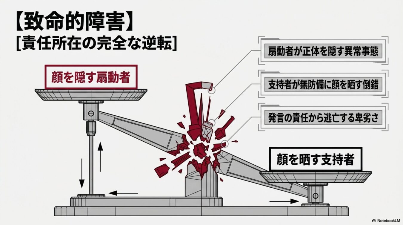 天秤が壊れた図で、顔を隠す扇動者と顔を晒す支持者の対比を通じ、責任所在の逆転と異常な社会的構図を批判的に図解している。