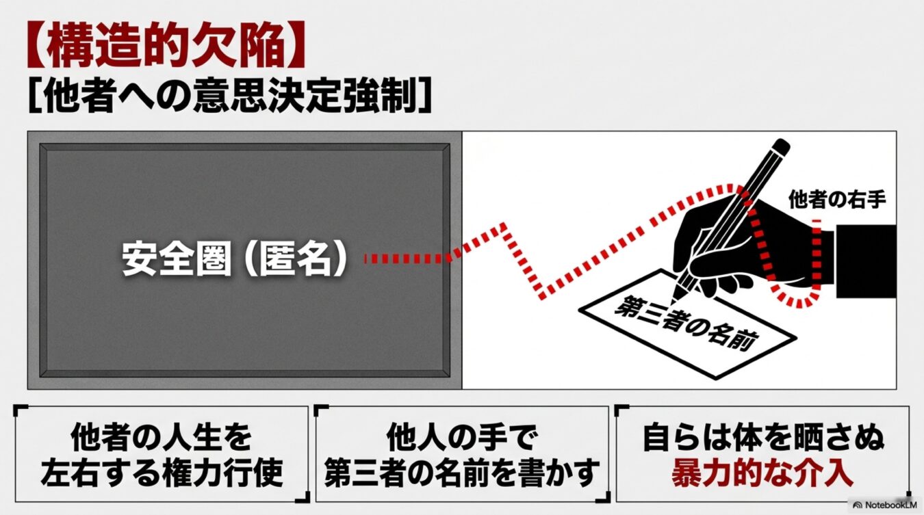 安全圏から他者の手を使い第三者の名前を書かせるという、匿名性を悪用して他者の人生や意思決定に暴力的に介入する構造的欠陥についての図解。