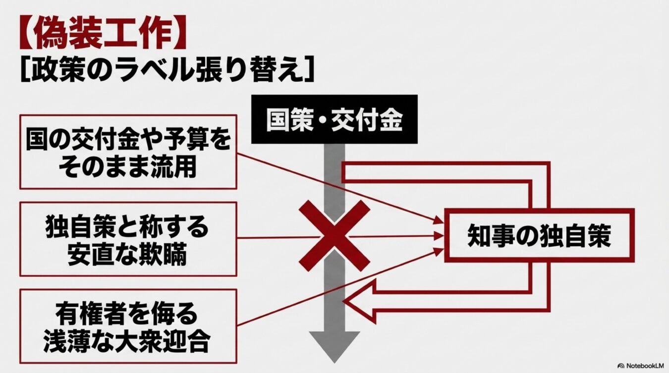 国の交付金を流用し、知事の独自策と称する偽装工作や政策のラベル張り替えに対する批判的な図解。