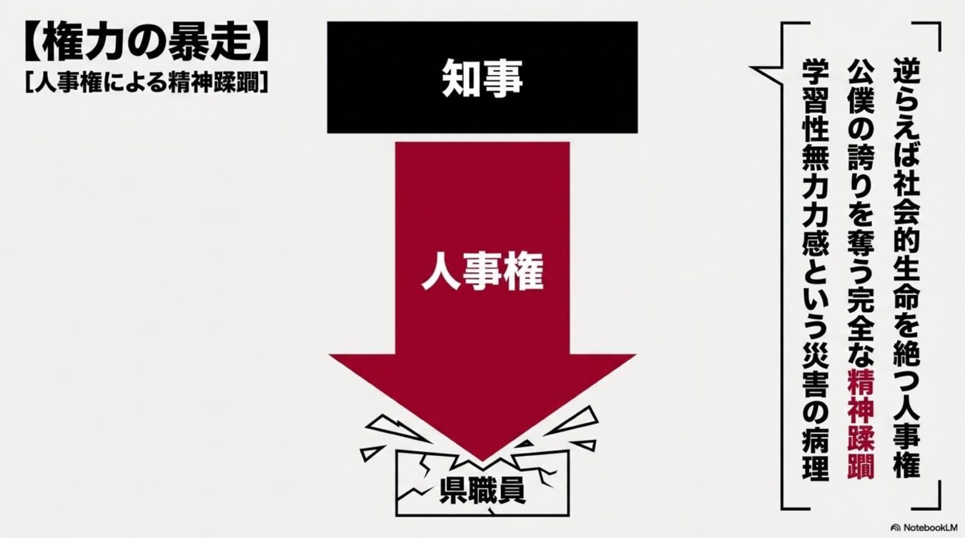 知事が人事権を行使して県職員を精神的に追い込む様子を権力の暴走として図解したもので、精神蹂躙の病理を告発する内容。