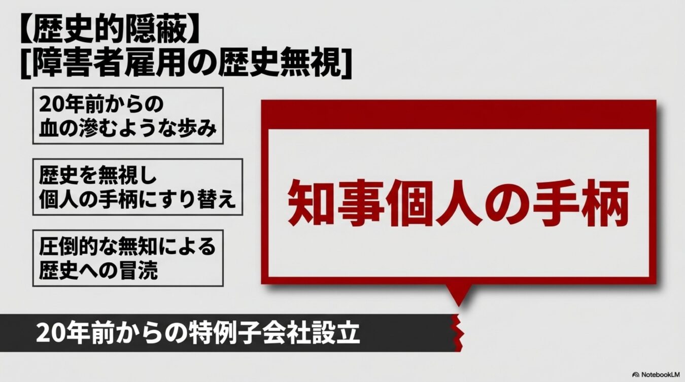 障害者雇用の歴史を無視して知事個人の手柄にすり替える行為を、歴史的隠蔽として批判的に解説する図表。