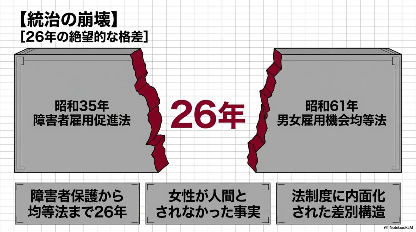 障害者雇用促進法と男女雇用機会均等法の間にある26年の格差から、法制度に内面化された差別構造を伝える図。