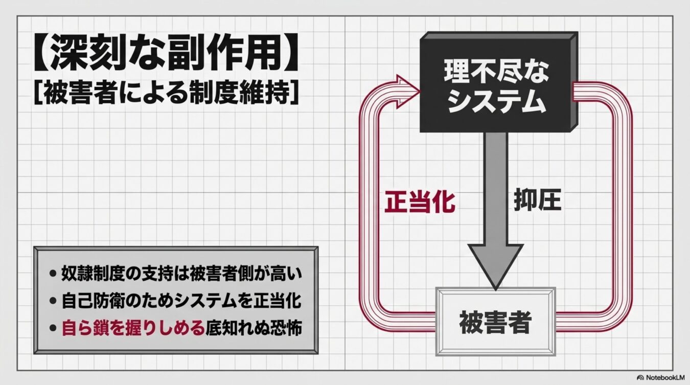 理不尽なシステムが被害者を抑圧し、被害者が自己防衛のためにそのシステムを正当化することで維持される悪循環構造図。