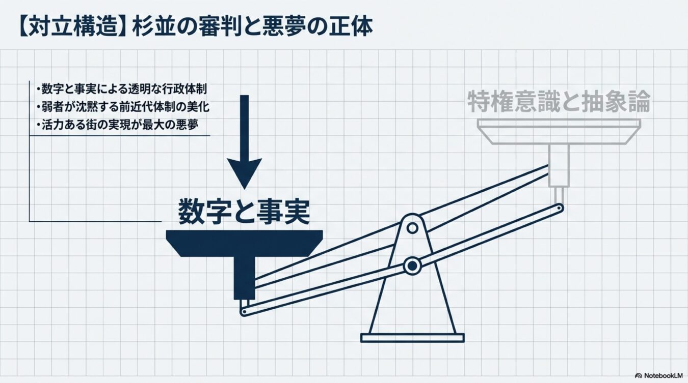 杉並区の政治状況を対立構造で図解した図。数字と事実に基づく行政体制が、特権意識や抽象論と対比されている様子を示している。