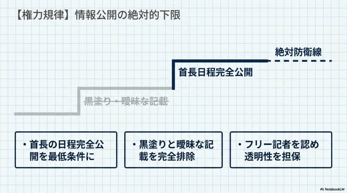 権力規律における情報公開の絶対的下限として、首長日程の完全公開や黒塗りの排除、フリー記者を認めた透明性の確保を段階的に示した図。