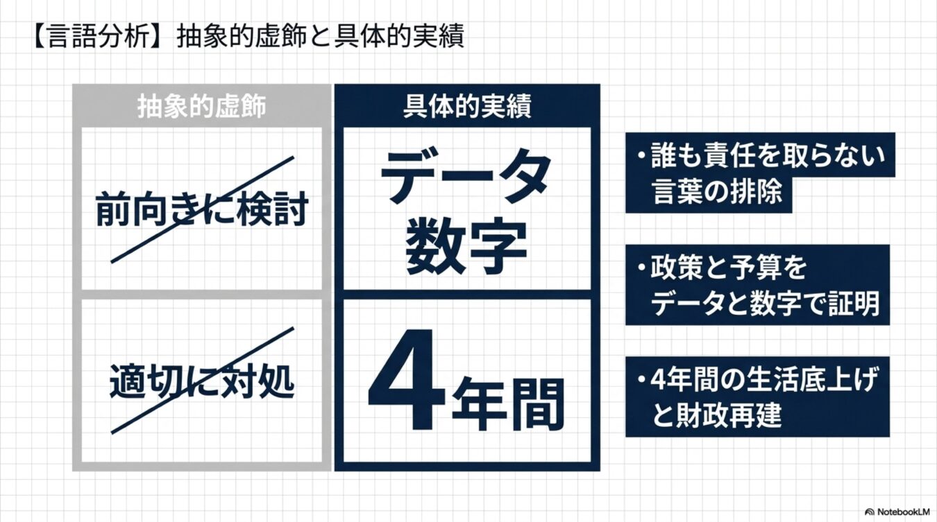 抽象的な表現を排除し、データや数字に基づく具体的な実績を示す重要性を説いた比較表。前向きに検討等の曖昧な言葉を否定し、実証と結果の明示を推奨している。