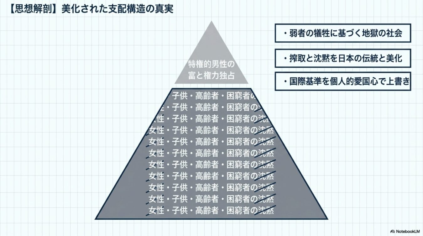 富と権力を独占する特権的男性の下に弱者の沈黙が積み重なる社会構造図。弱者の犠牲や搾取を伝統として美化する弊害を表現している。