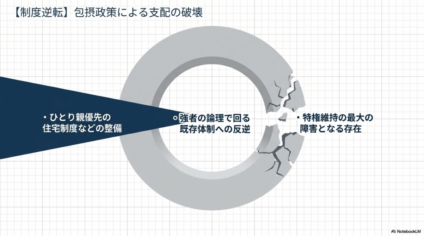 包摂政策による制度逆転の図。ひとり親向けの住宅制度整備が、強者の論理で支配された既存体制を破壊し、特権維持の障害となる構造を示している。(59文字)