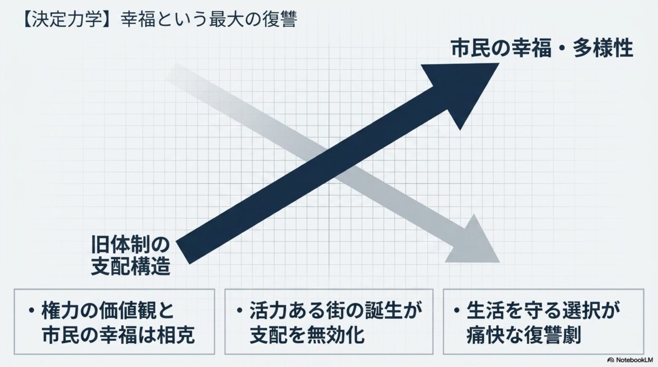 旧体制の支配構造から市民の幸福と多様性へと向かう転換点を示した図。権力の価値観と市民の幸福の相克、活力ある街の誕生による支配の無効化、幸福という復讐を説明している。