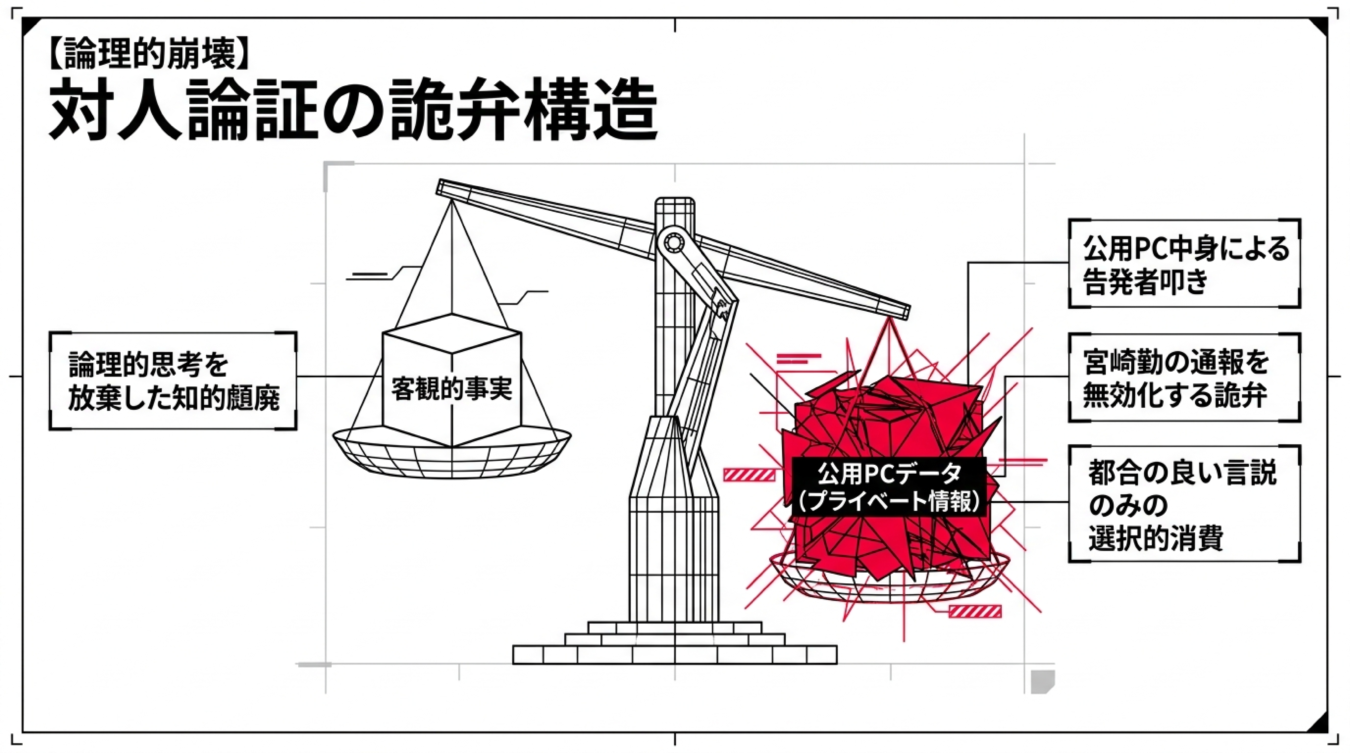 客観的事実と公用PCのプライベート情報を比較する不均衡な天秤を描いた対人論証の詭弁構造の図解