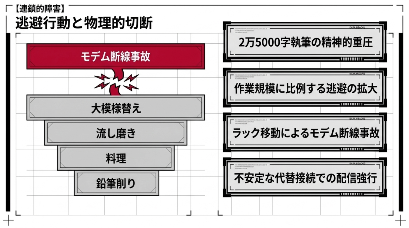 モデム断線事故を起点とした連鎖的障害と逃避行動を示す相関図